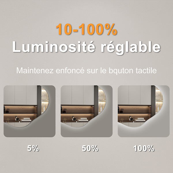 AICA SANITAIRE - AICA Miroir salle de bain asymétrique 90 x 68 cm LED Éclairage réglable en 3 couleurs + anti-buée + fonction mémoire - large