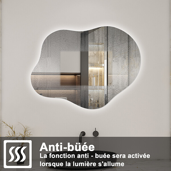 AICA SANITAIRE - AICA Miroir salle de bain asymétrique 90 x 68 cm LED Éclairage réglable en 3 couleurs + anti-buée + fonction mémoire - large