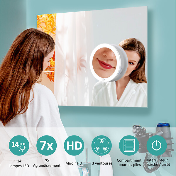 EMKE - EMKE Miroir de Toilette Lumineux, Grossissement 7x, Éclairage LED 6000K, Fixation par Ventouse pour Salle de Bain, Blanc - large