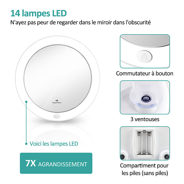 EMKE - EMKE Miroir de Toilette Lumineux, Grossissement 7x, Éclairage LED 6000K, Fixation par Ventouse pour Salle de Bain, Blanc - large