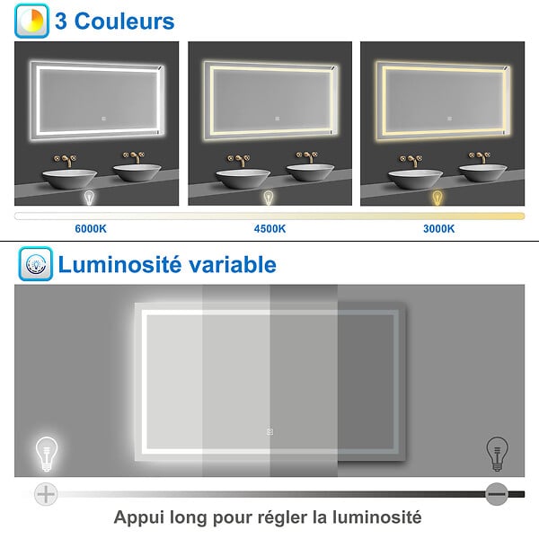 AICA SANITAIRE - AICA Miroir de salle de bain 160x80cm Tri-color anti-buée LED avec mémoire et lumière gradation - large