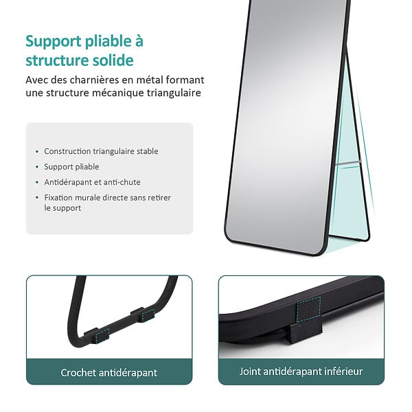 EMKE - Miroir Pleine Longueur EMKE - Cadre Aluminium Noir, 160 x 60 cm, Mural ou sur Pied - large