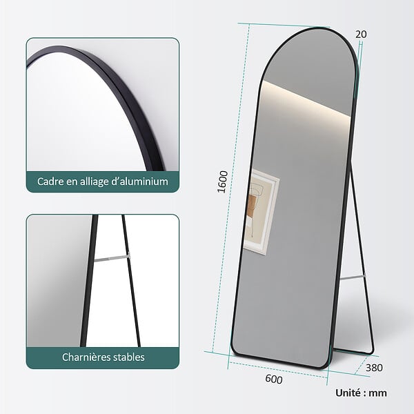 EMKE - Miroir Pleine Longueur EMKE - Cadre Aluminium Noir, 160 x 60 cm, Mural ou sur Pied - large