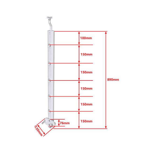 AICA SANITAIRE - Poteau pour garde-corps - Aluminium argenté - 97.9-103.9cm de haut - Avec 5 supports de tubes bien pré-montés - Intérieur & extérieur - Poser latéral - large