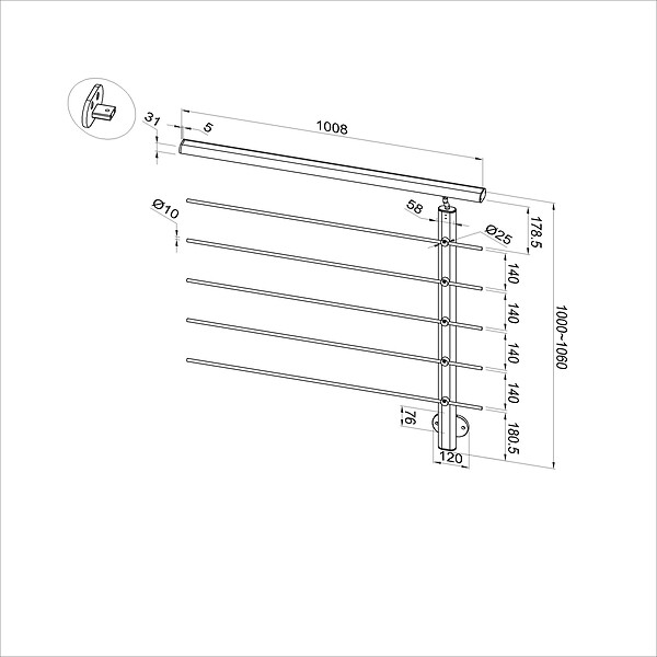 AICA SANITAIRE - Garde-corps aluminium argenté mat 1m, avec 5 traverses et 1 main courante, pose latérale contre le mur, en kit complet - large
