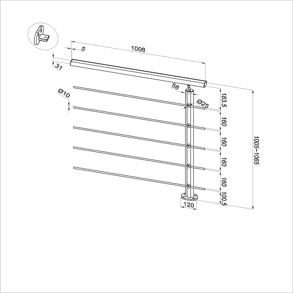 AICA SANITAIRE - Garde-corps aluminium noir mat 1m, avec 5 traverses et 1 main courante, pose à plat contre le mur, en kit complet - large