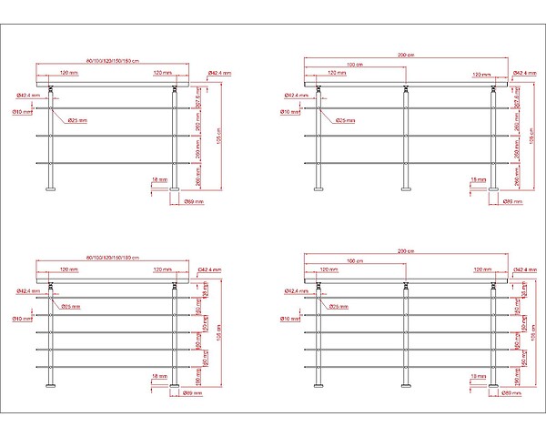 AICA SANITAIRE - Garde-corps 180cm argenté, 1 main courante, 5 traverses, inox 201, intérieur et extérieur, design moderne - kit complet - large
