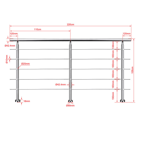 AICA SANITAIRE - Garde-corps 220cm argenté, 1 main courante, 5 traverses, inox 201, intérieur et extérieur, design moderne - kit complet - large