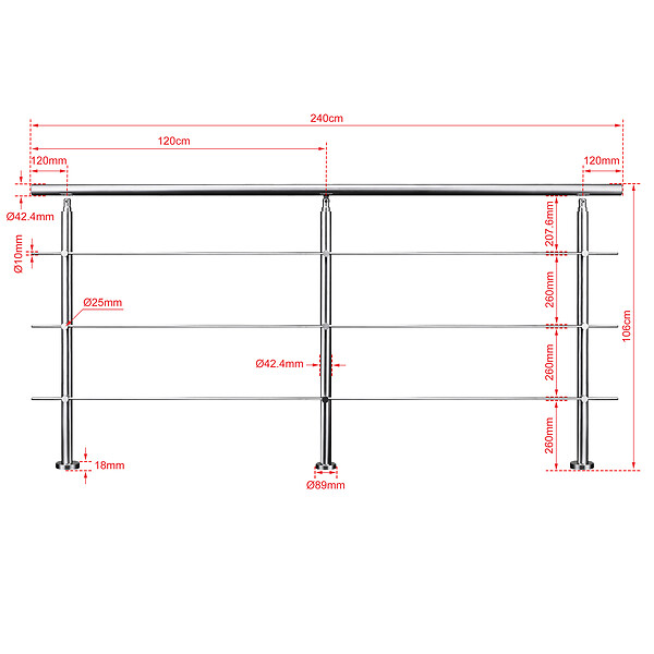 AICA SANITAIRE - Garde-corps 240cm argenté, 1 main courante, 3 traverses, inox 201, intérieur et extérieur, design moderne - kit complet - large
