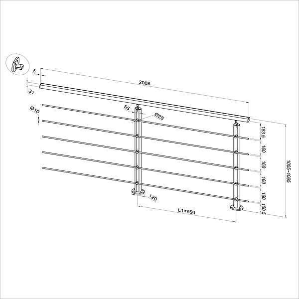 AICA SANITAIRE - Garde-corps aluminium argenté mat 2m, avec 5 traverses et 1 main courante, pose à plat contre le mur, en kit complet - large