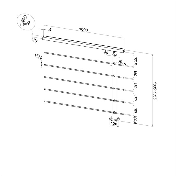 AICA SANITAIRE - Garde-corps aluminium argenté mat 1m, avec 5 traverses et 1 main courante, pose à plat contre le mur, en kit complet - large