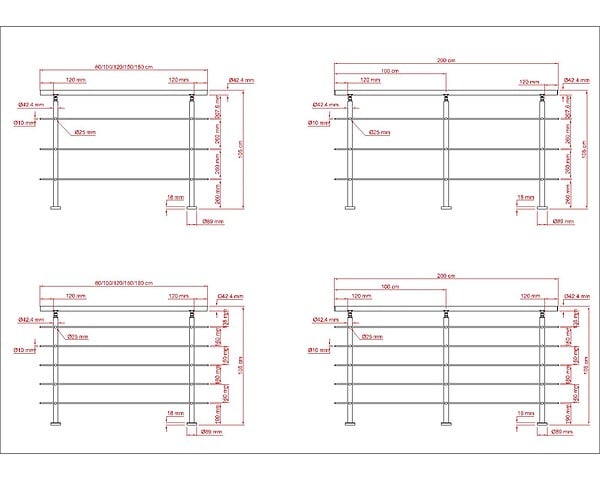 AICA SANITAIRE - Garde-corps 200cm argenté, 1 main courante, 5 traverses, inox 201, intérieur et extérieur, design moderne - kit complet - large