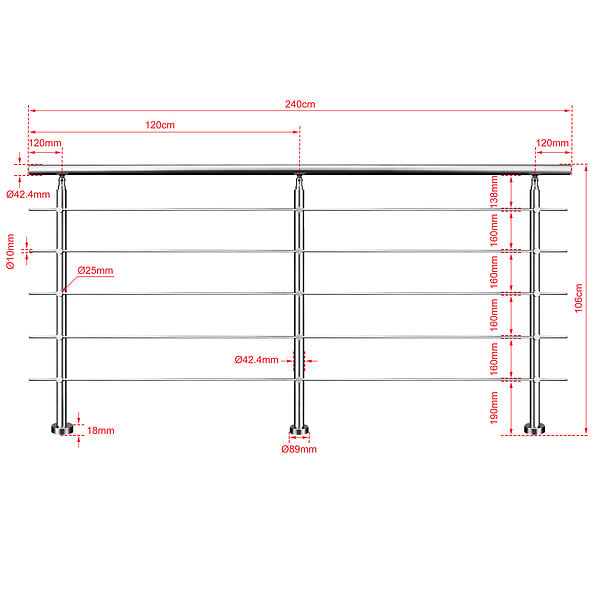 AICA SANITAIRE - Garde-corps 240cm argenté, 1 main courante, 5 traverses, inox 201, intérieur et extérieur, design moderne - kit complet - large