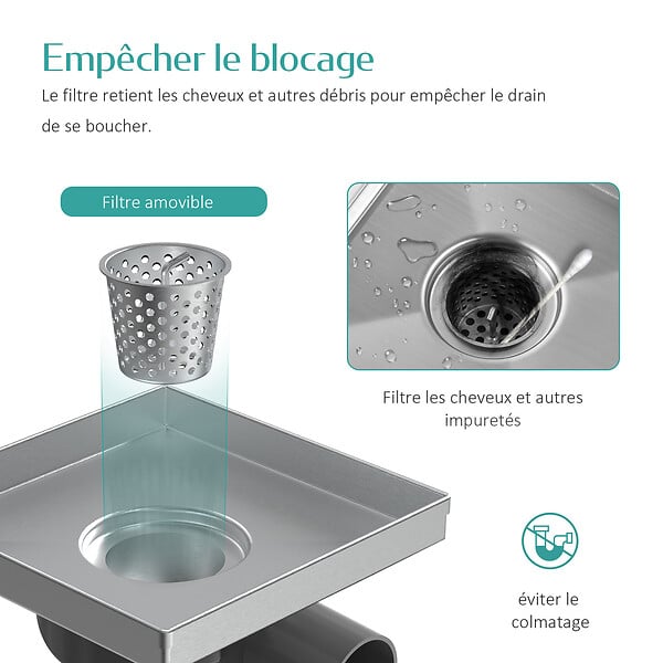 EMKE - Siphon de Douche Carré Encastré EMKE en Acier Inoxydable SUS304, Finition Brossée, 15 x 15 cm - large