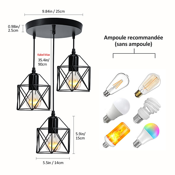 EMKE - EMKE Suspension Vintage 3 Ampoules – Plafonnier Rétro avec Abat-jour en Métal et Douilles E27 Noires - large
