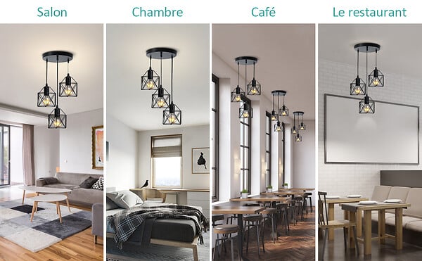 EMKE - EMKE Suspension Vintage 3 Ampoules – Plafonnier Rétro avec Abat-jour en Métal et Douilles E27 Noires - large