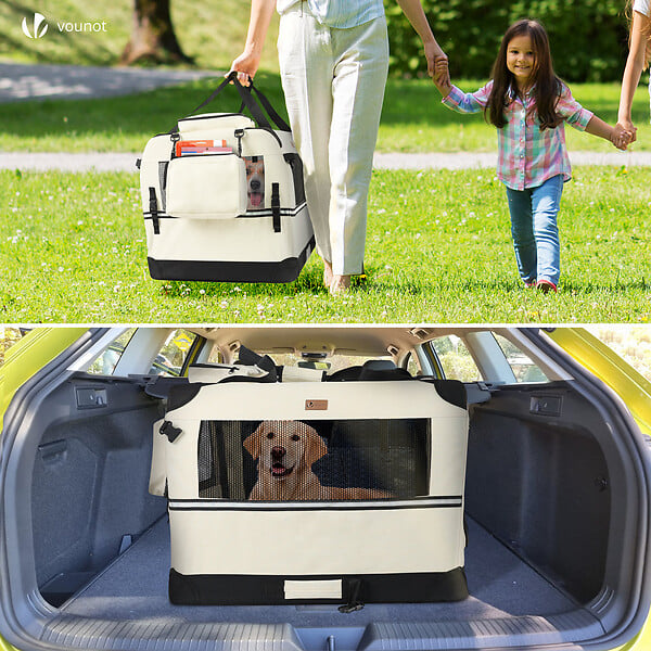 VOUNOT - Sac transport pliable chien chat caisse cage portable 70x52x52cm beige - large