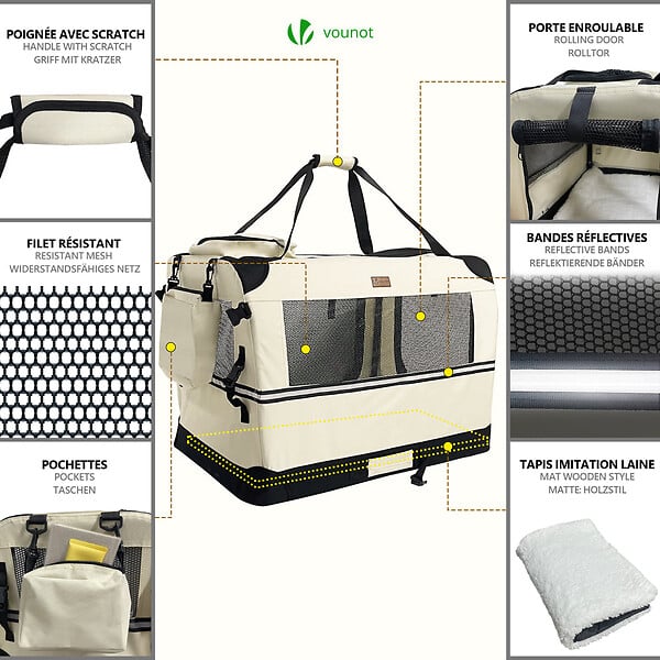 VOUNOT - Sac transport pliable chien chat caisse cage portable 70x52x52cm beige - large