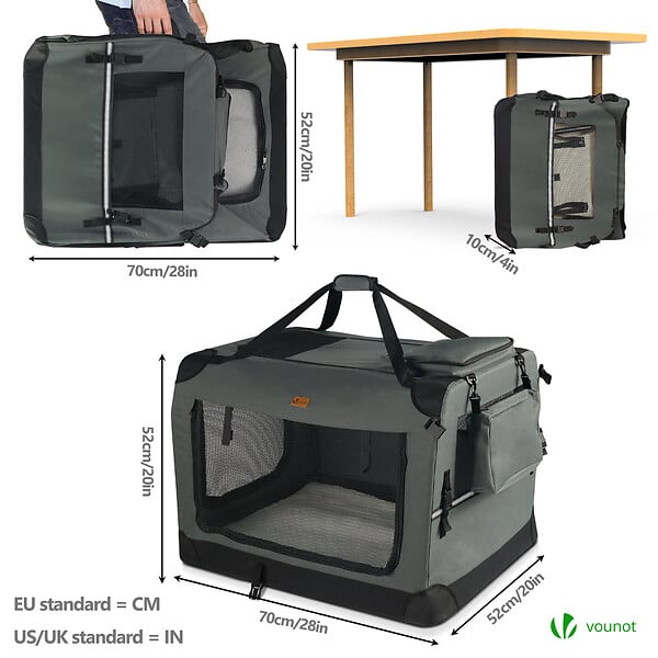 VOUNOT - Sac transport pliable chien chat caisse cage portable 70x52x52cm gris - large
