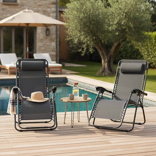 OVIALA - Lot de 2 fauteuils lounge inclinable en acier gris - Monaco - large