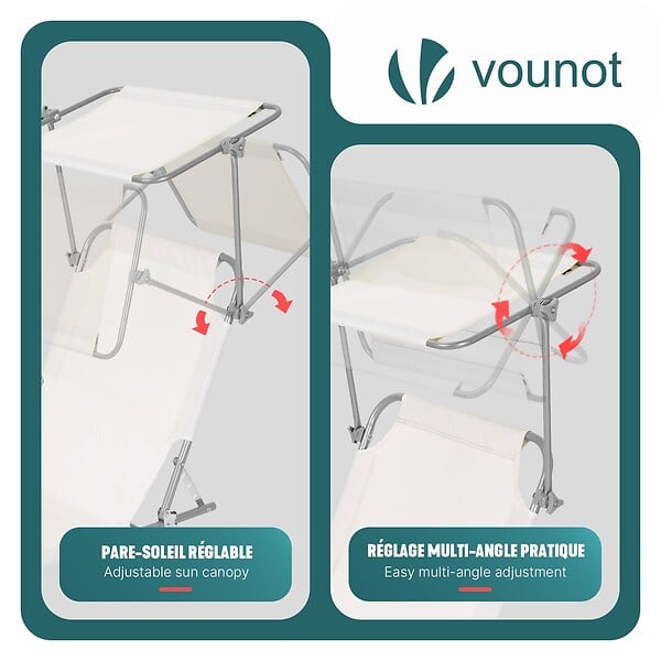 VOUNOT - Lot de 2 chaise longue pliante avec pare soleil beige - large