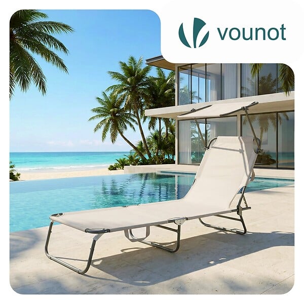 VOUNOT - Chaise longue pliante avec pare soleil beige - large