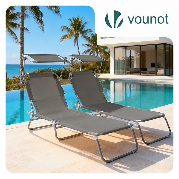 VOUNOT - Lot de 2 chaise longue pliante avec pare soleil gris - large