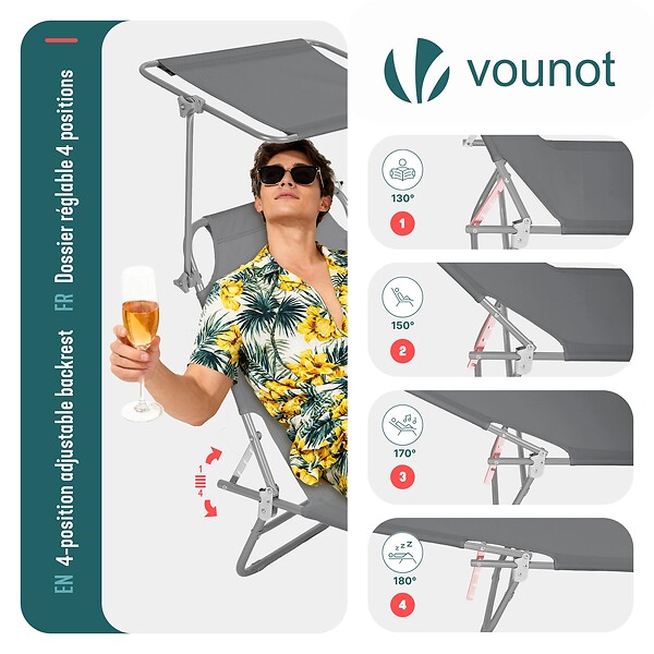 VOUNOT - Lot de 2 chaise longue pliante avec pare soleil gris - large