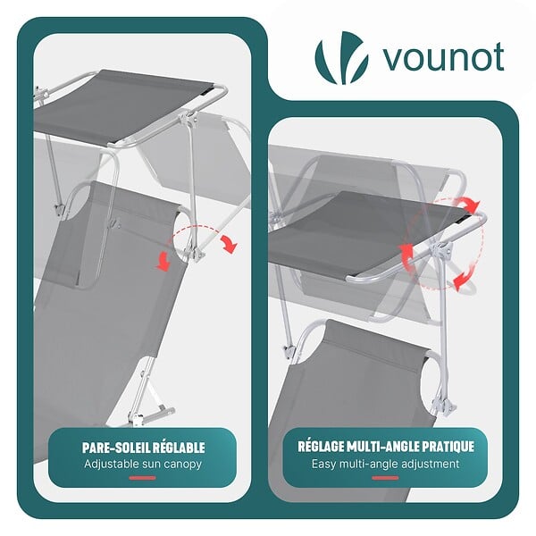 VOUNOT - Lot de 2 chaise longue pliante avec pare soleil gris - large