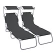 VOUNOT - Lot de 2 chaise longue pliante avec pare soleil noir - vignette