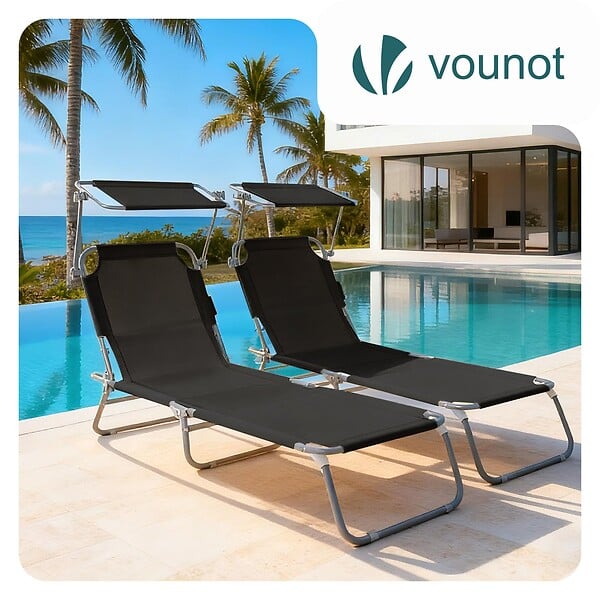 VOUNOT - Lot de 2 chaise longue pliante avec pare soleil noir - large