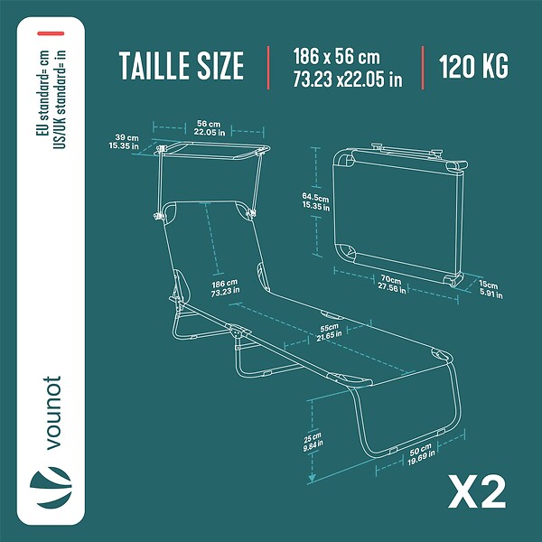 VOUNOT - Lot de 2 chaise longue pliante avec pare soleil noir - large