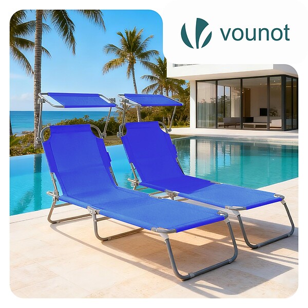 VOUNOT - Lot de 2 chaise longue pliante avec pare soleil bleu - large
