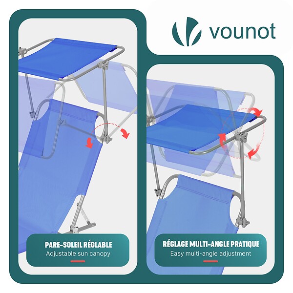 VOUNOT - Lot de 2 chaise longue pliante avec pare soleil bleu - large