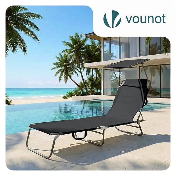 VOUNOT - Chaise longue pliante avec pare soleil noir - large
