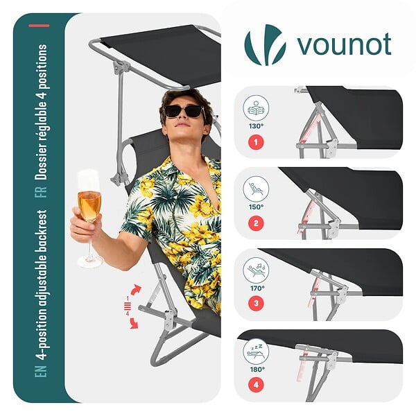 VOUNOT - Chaise longue pliante avec pare soleil noir - large