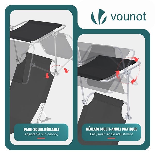 VOUNOT - Chaise longue pliante avec pare soleil noir - large