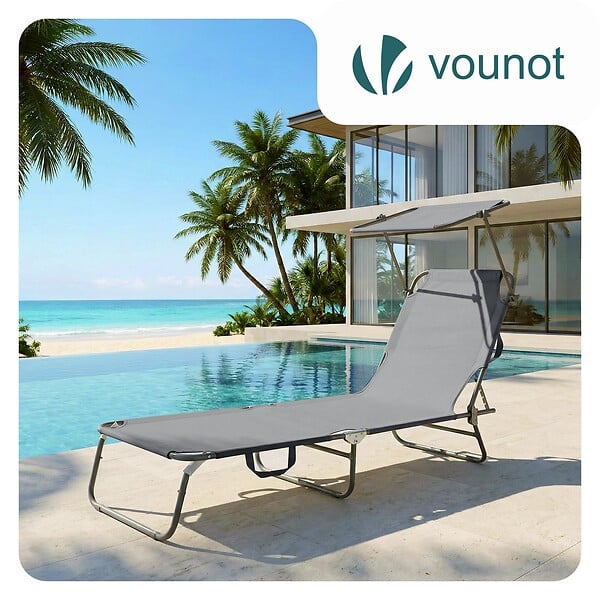 VOUNOT - Chaise longue pliante avec pare soleil gris - large