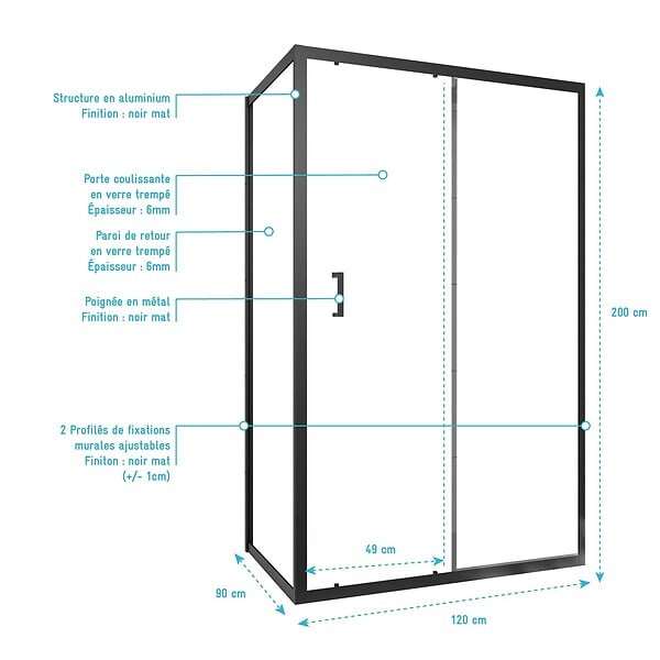 AURLANE - Porte de douche + Retour 120x90x200 cm - Verre 6 mm - Profilé Noir - CRUSH - large