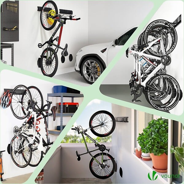 VOUNOT - Support mural rangement pour 6 velos et 3 casques rails et crochets metal noir - large