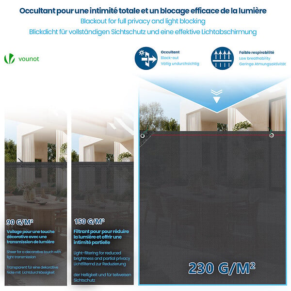 VOUNOT - Brise vue occultant en HDPE 230g/m² 1.8x20m avec attaches de fixation anthracite - large