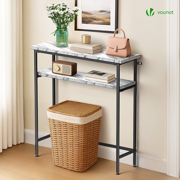 VOUNOT - Console table 2 niveaux style industriel en metal et MDF 80x24x80 cm Blanc - large