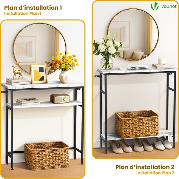 VOUNOT - Console table 2 niveaux style industriel en metal et MDF 80x24x80 cm Blanc - large