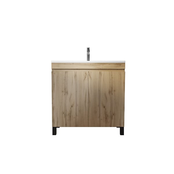 AURLANE - Meuble de salle de bains 60 cm TIMBER - Décor Chêne Naturel à portes avec Vasque céramique blanche - large