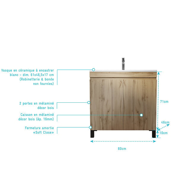 AURLANE - Meuble de salle de bains 60 cm TIMBER - Décor Chêne Naturel à portes avec Vasque céramique blanche - large