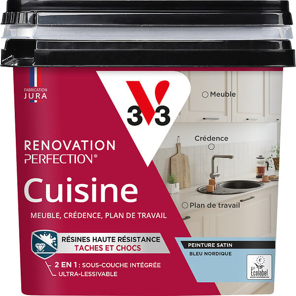 V33 - Peinture rénovation cuisine satin bleu nordique 0,75L - large
