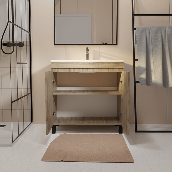 AURLANE - Meuble de salle de bains 80cm 2 Portes_Chêne Naturel + Vasque céramique blanche - TIMBER 80 - large