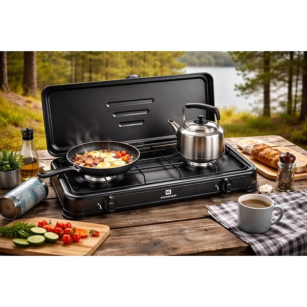 KEMPER - Réchaud gaz portable 2 feux 2600W Noir Couvercle Plaque de cuisson KEMPER - large