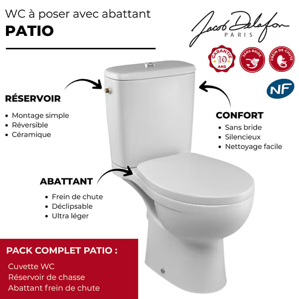 JACOB DELAFON - WC à poser sans bride sortie horizontale Patio avec abattant frein de chute déclipsable - large