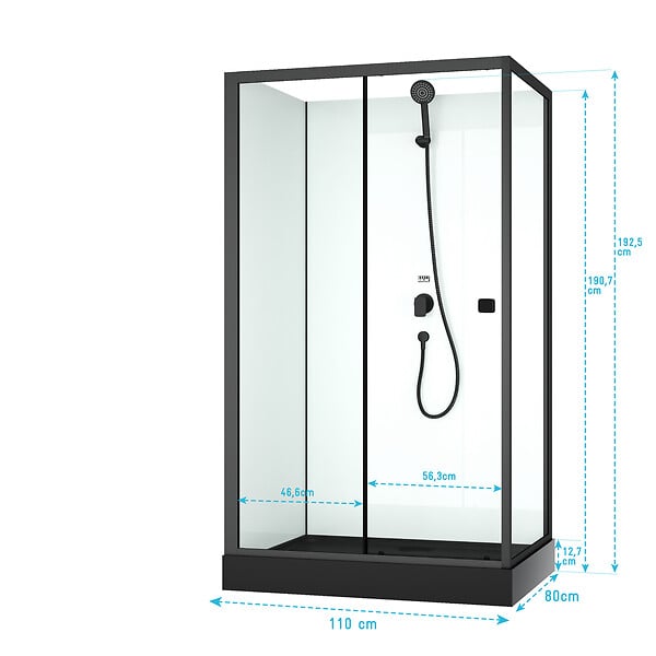 AURLANE - Cabine de douche rectangulaire 110x80x197 cm - Porte coulissante - Receveur Noir Mat - large